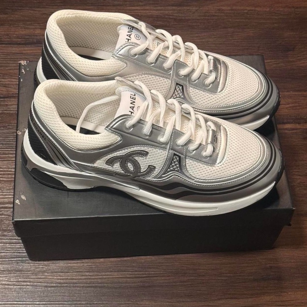 CHANEL Silver & White Mesh CC Trainer Sneakers - Picture 2 of 2